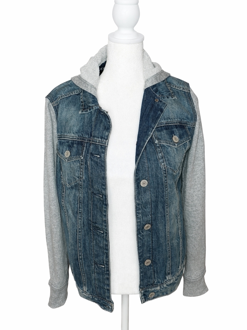 Express Womens Denim Jacket with Gray Hoodie Sleeves